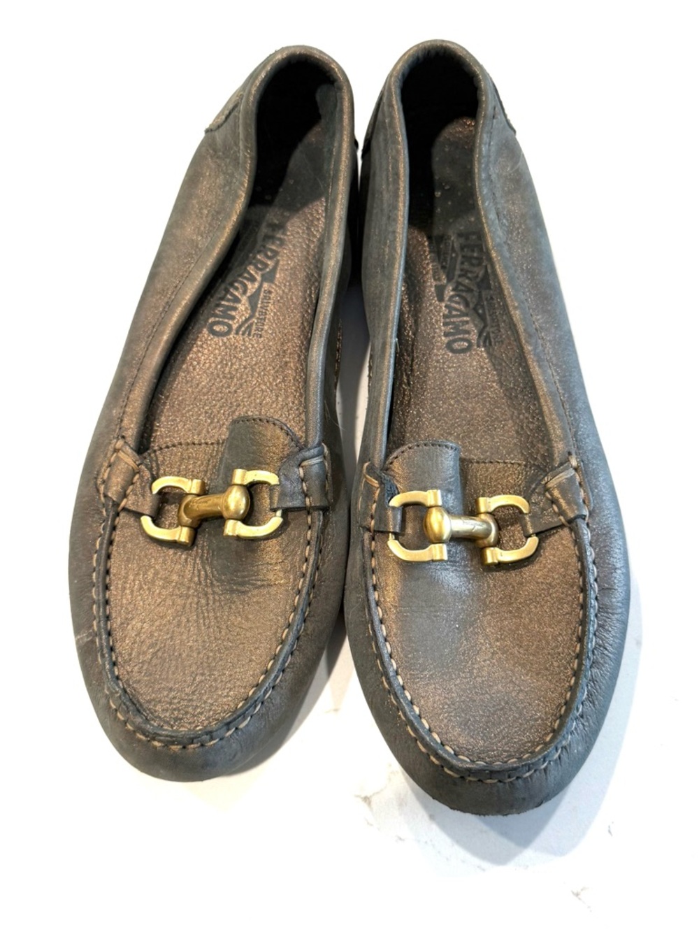 Salvatore Ferragamo Leather Horsebit Metallic Loafers Size 9.5